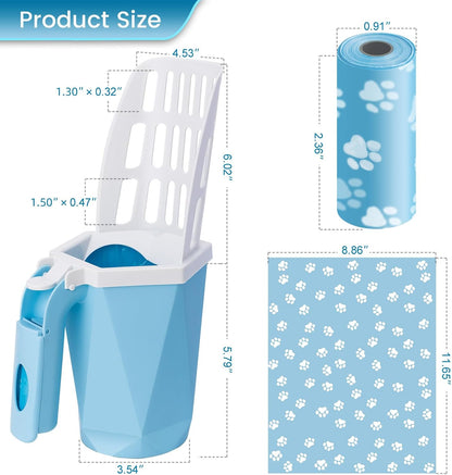 Cat Litter Scooper with Holder Kitty Litter Scoop with Waste Can and 150 Refill Bags, Large Portable Cat Litter Shovel Easy to Clean Suitable for Kittens (Blue)