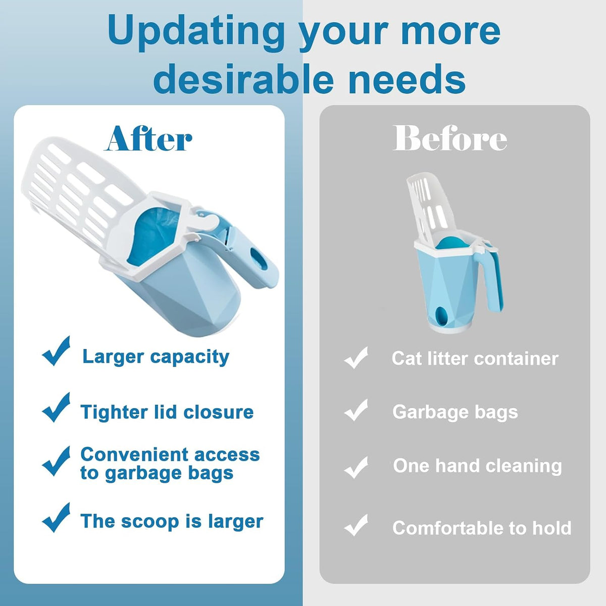 Cat Litter Scooper with Holder Kitty Litter Scoop with Waste Can and 150 Refill Bags, Large Portable Cat Litter Shovel Easy to Clean Suitable for Kittens (Blue)