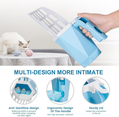 Cat Litter Scooper with Holder Kitty Litter Scoop with Waste Can and 150 Refill Bags, Large Portable Cat Litter Shovel Easy to Clean Suitable for Kittens (Blue)