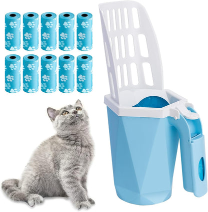 Cat Litter Scooper with Holder Kitty Litter Scoop with Waste Can and 150 Refill Bags, Large Portable Cat Litter Shovel Easy to Clean Suitable for Kittens (Blue)