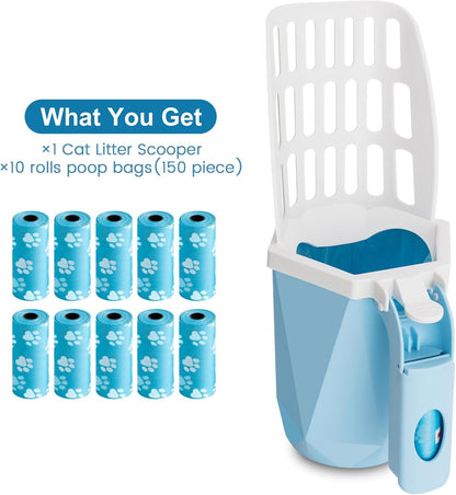 Cat Litter Scooper with Holder Kitty Litter Scoop with Waste Can and 150 Refill Bags, Large Portable Cat Litter Shovel Easy to Clean Suitable for Kittens (Blue)